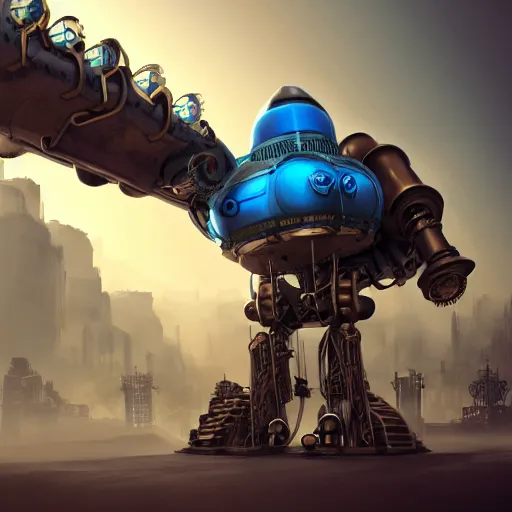 Prompt: colossal steampunk mech with blue piping enveloping its entirety, 4 k photorealism, trending on artstation, 4 k quality