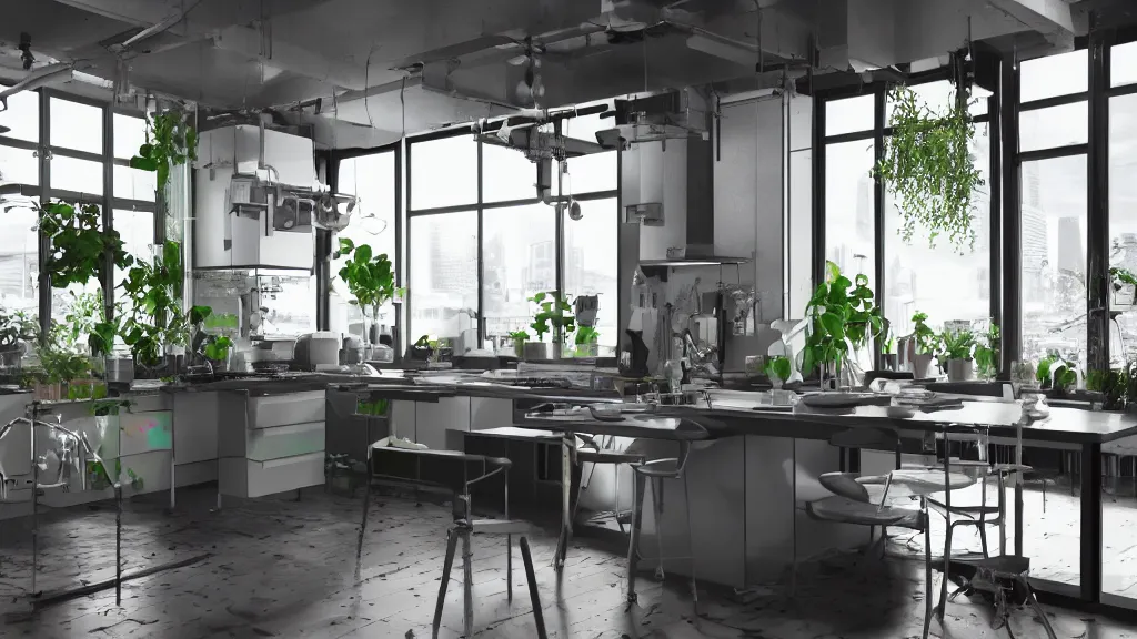 Prompt: Ikea catalogue photo, high end technological cyberpunk house style kitchen, various lush plant life, iridescent flooring, riveted steel furniture, cityscape in the window