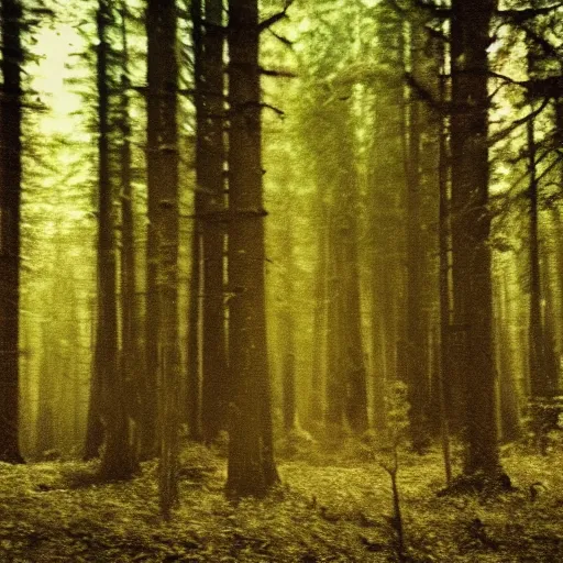 Image similar to grainy old photo of a forest. there is a grey alien in the background, blurry