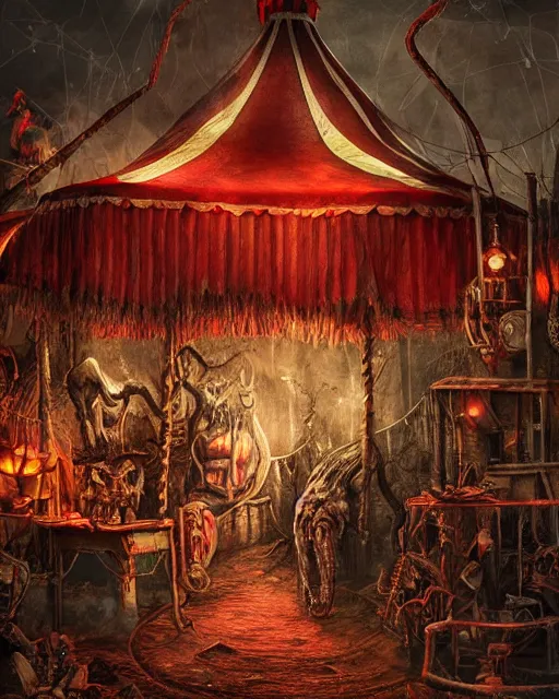 Image similar to the little circus of horrors, circus tent outside, creepy, hyper realistic, ambient lighting, horror art, intricate, hyper detailed, smooth