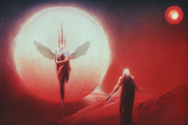 Image similar to people activate behelit in the middle of eclipse, human sacrifice , Old testament angel, dark sky, red cloud, sea of blood, beksinski