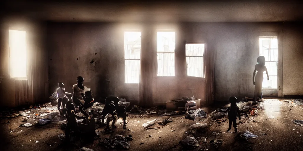 Image similar to interior. home. ( family of 5 ) staying in ( rundown infested apartment ) in ghetto projects with ( black woman and her 4 kids ). cold light, cinematic colors, high detail