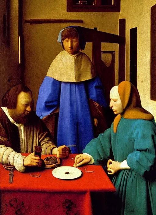 Image similar to Young man at the table with young pretty blonde girl at the crowded inn. Medieval painting by Jan van Eyck, Johannes Vermeer, Florence