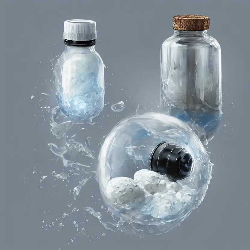 Image similar to concept art of a healthy and natural white liquid dietary supplement in a round transparent bottle with black sticker on it, by aenaluck, artgerm and roberto ferri and greg rutkowski, light blue and white tones, digital painting, artstation, concept art, smooth, sharp foccus ilustration hq