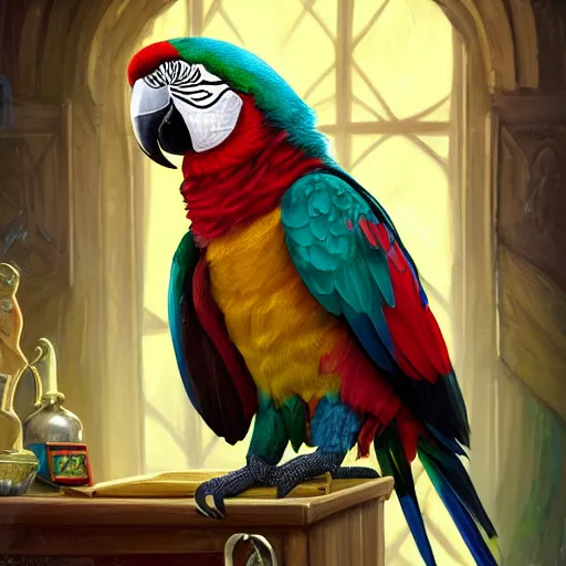 Prompt: Anthropomorphized parrot trader in his shop, portrait, items, magic potions, carpet, window, fancy hat, sly expression , cunning expression, cute expression, D&D, fantasy, cinematic lighting, highly detailed, digital painting, artstation, concept art, smooth, sharp focus, illustration, warm light, cozy warm tint, magic the gathering artwork, volumetric lighting, 8k, art by Akihiko Yoshida, Greg Rutkowski