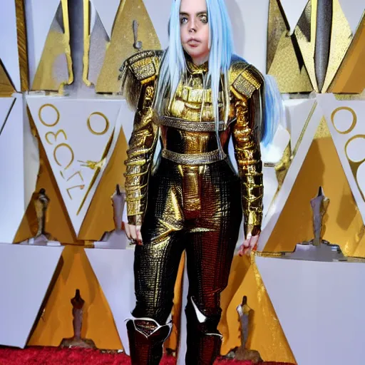 Image similar to billie eilish in golden armor