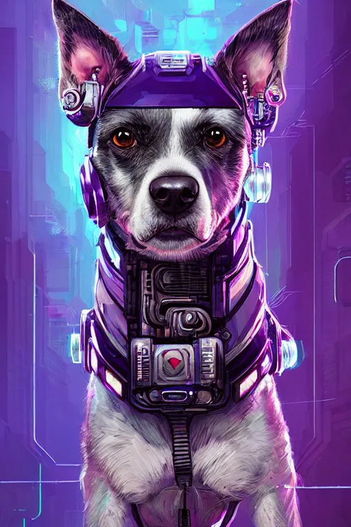 Image similar to a beautiful portrait of a cute cyberpunk dog by sandra chevrier and greg rutkowski and wlop, purple blue color scheme, high key lighting, volumetric light, digital art, highly detailed, fine detail, intricate, ornate, complex, octane render, unreal engine, photorealistic