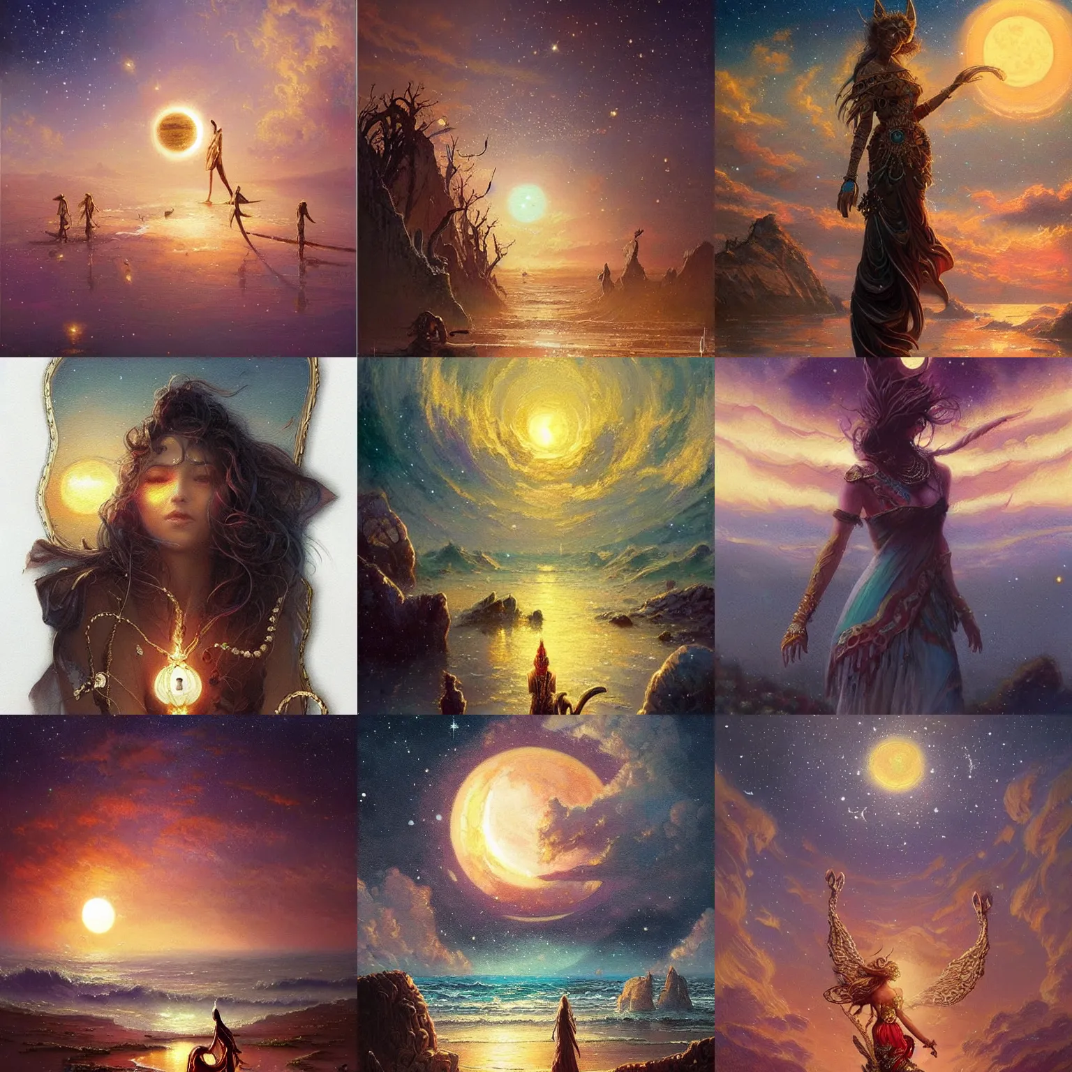 Prompt: photo of a beautiful painting of so many trinkets jewelry gold artworks, sunset, starry-night!!!!!!!!!!!!!!!!!!!!, Greg Rutkowski, Moebius, Mohrbacher, peaceful, colorful