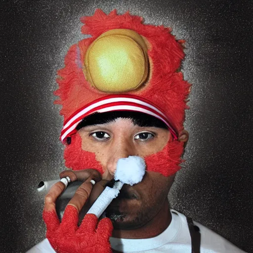 Image similar to elmo wearing a durag smoking a ciggarette, 8 k, photorealistic mugshot