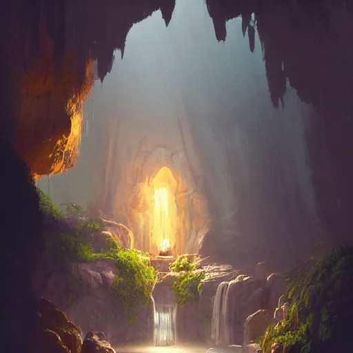 Prompt: cozy, hotspring hidden in a cave with low ceilings, candlelight, towels, cushions, plates of fruit, no people natural light, lush plants and flowers, elegant, smooth cave rock, fantasy, atmospheric lighting, digital painting, Greg Rutkowski concept art