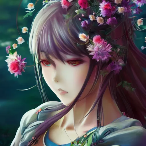Prompt: Stunning Anime Goddess of the floral river flowers, misty, intricate, beautiful, artstation 8k, high resolution