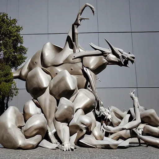 Image similar to greek by emil alzamora tender. a beautiful installation art of a large, dragon - like creature with sharp teeth, talons, & a long tail. the creature is looming over a small group of people who appear to be in distress.