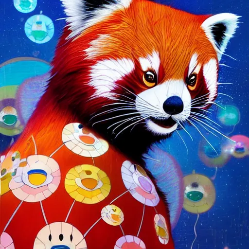 Image similar to red panda by takashi murakami,, beeple and james jean, aya takano color style, 4 k, super detailed, night sky, digital art, digital painting, celestial, majestic, colorful