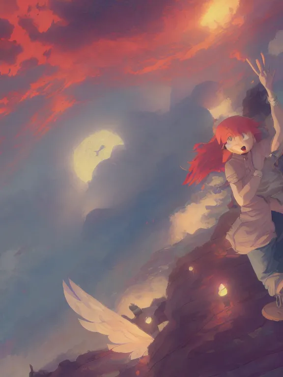 Prompt: [smiling angel man with red hair, blue eyes, makoto shinkai, thomas kinkade, james gilleard, very comfy]