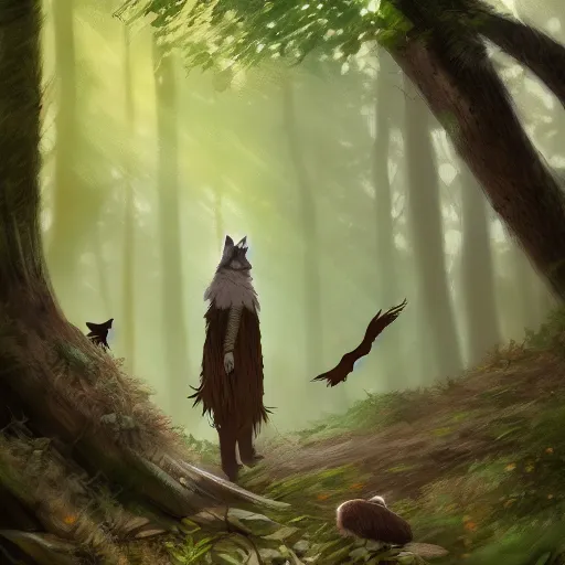 Image similar to a woodland druid in a forest with a wolf bird and racoon, photorealistic, in the style of greg rutkowski, digital painting