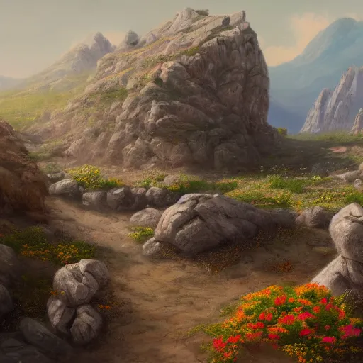 Image similar to a matte painting of the wild west, patchy flowers and rocks, oil painting, pale colors, high detail, 8 k, wide angle, trending on artstation,