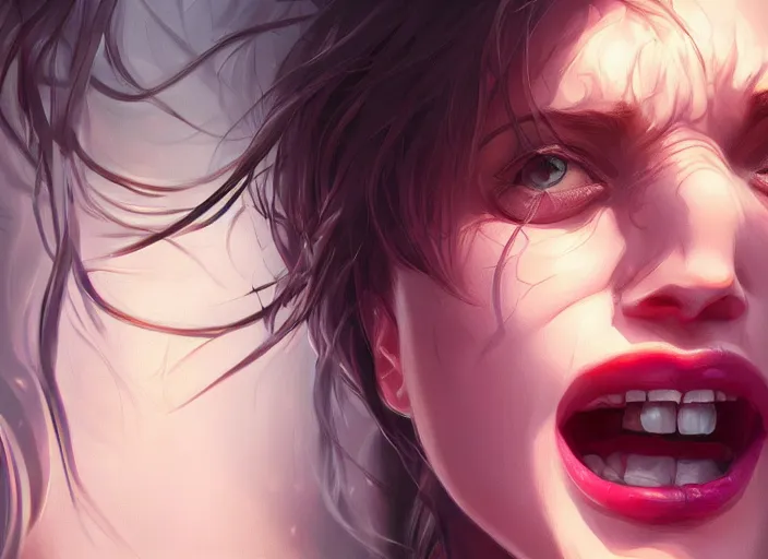 Image similar to wide open wife mouth, close - up, cry, defiant, full lips, light effect, hyper detailed, intricate, elegant, highly detailed, digital painting, artstation, concept art, matte, sharp focus, illustration, by dan mumford, yusuke murata, makoto shinkai, ross tran