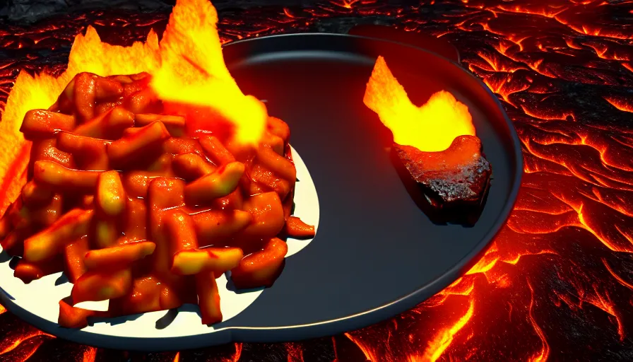 Prompt: poutine ( the canadian meal ) from mount doom, volcano texture, lava texture, fire texture, cheese curds texture, 8 k, octande render, unreal engine 5, surface blemishes, hdr