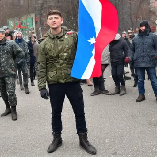 Image similar to Volodimir Zelensky as captain america holding an ukrainian flag on an urban battle field