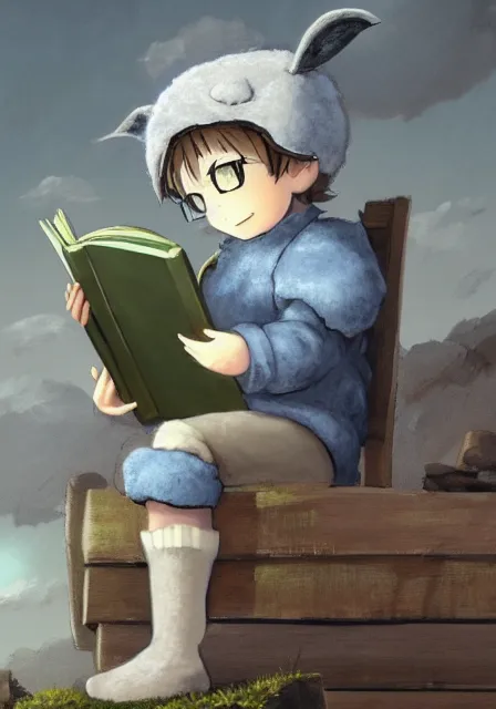 Image similar to beautiful little boy wearing sheep suit reading a book while sitting on chair, gray, blue, green and brown pallet color. made in abyss art style, inspired in kris from deltarrune, cute detailed artwork, anatomically correct, soft details, ilya kuvshinov, reflection, perfect composition, mobile wallpaper