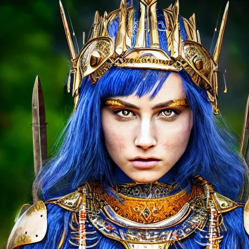 Prompt: beautiful warrior queen with lapis lazuli armour, highly detailed, 4k, HDR, smooth, sharp focus, hyper realistic, high resolution, award-winning photo