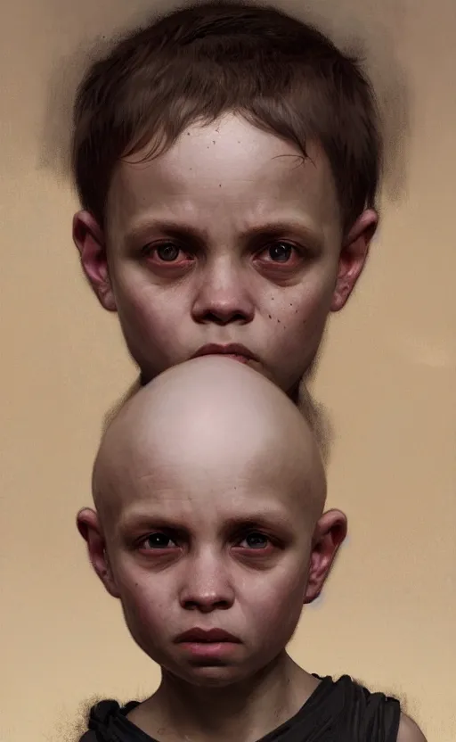 Prompt: a detailed portrait of a weird looking human child, white skin, bald, no eyes, emerging from coal and tar, concept art, deep focus, intricate, highly detailed, digital painting, artstation, matte, sharp focus, illustration, art by greg rutkowski and alphonse mucha