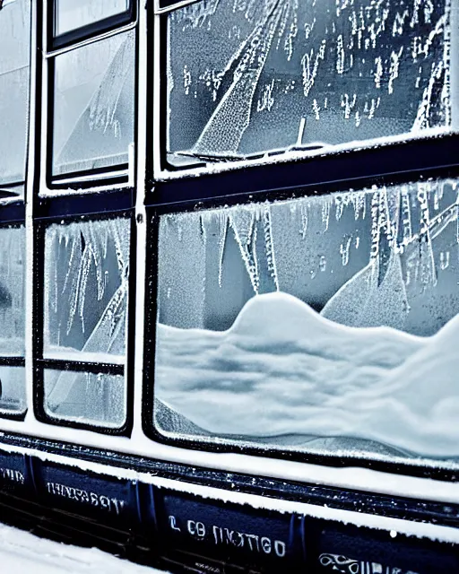 Image similar to tatra t 3 tram, ussr czech republic, side view, ice patterns on windows, winter, frost, around the city, evening, snow, into the art style and print