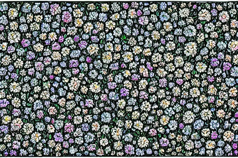 Image similar to in the style of neurographic drawing of a field of flowers