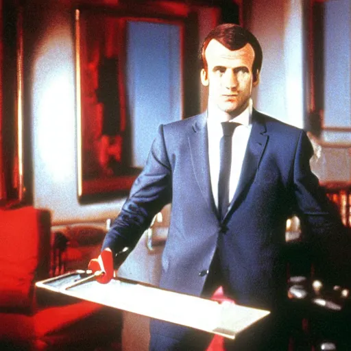 Image similar to Emmanuel Macron painting Paris in American Psycho (1999)