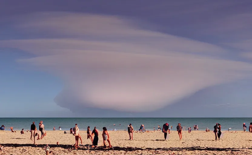 Prompt: sunny day at the beach blue sky nuclear mushroom cloud on the horizon and few people watching it war apocalyptic photorealistic