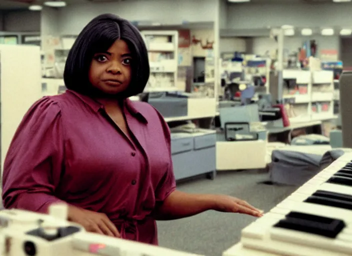 Prompt: cinematic shot of octavia spencer in an small used electronics store hands on an old electronic keyboard, iconic scene from the paranoid thriller sci fi film directed by stanley kubrick, anamorphic cinematography, beautiful composition, color theory, leading lines, photorealistic, volumetric lighting, hyper detailed 4 k image,