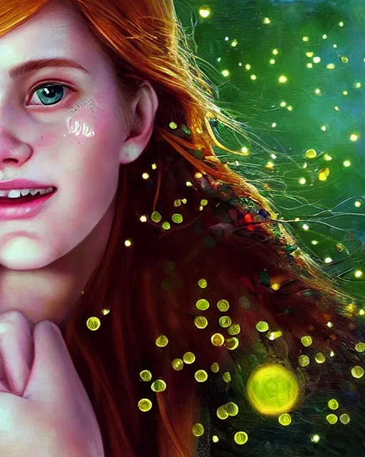 Image similar to a happy young woman looking over shoulder, intricate detailed dress, among the lights of golden fireflies, sitting in the midst of nature, long loose red hair, bright green eyes, small nose with freckles, triangle shape face, smiling, dreamy scene, golden ratio, high contrast, photo realistic digital art by caravaggio and artgerm.