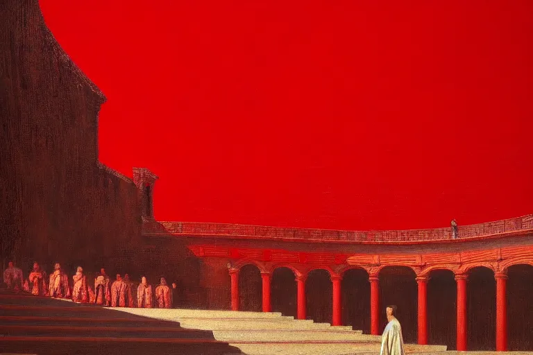 Image similar to only with red, a red great emperor, taormina amphitheatre, crowd with big smile, in the style of beksinski, parts by edward hopper, parts by rodcenko, parts by yue minjun, intricate and epic composition, red by caravaggio, insanely quality, highly detailed, masterpiece, red light, artstation, 4 k