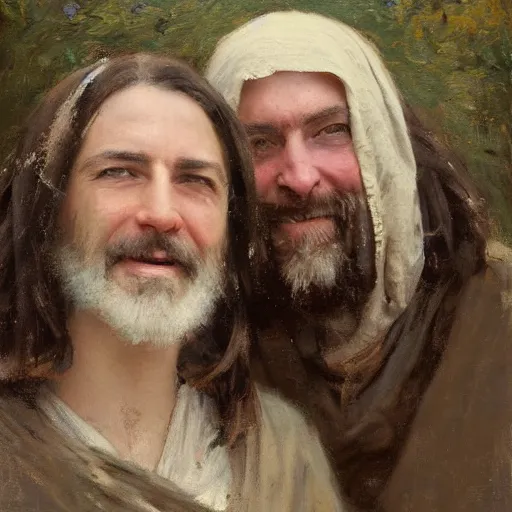 Prompt: Richard Schmid and Jeremy Lipking portrait painting happy smiling classic Jesus christ