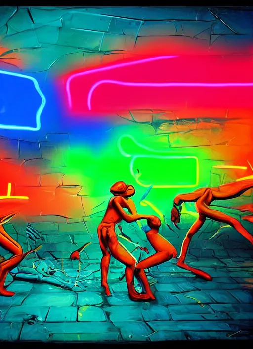 Prompt: A surreal neon painting of dalle2 fighting stable diffusion, 3d, realistic shading, complimentary colors, vivid neon colors, aesthetically pleasing composition, masterpiece, 4k, 8k, ultra realistic, super realistic,
