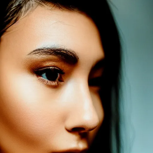 Image similar to closeup photo of a beautiful woman face, golden hour, bokeh, 8 0 mm lens, polaroid