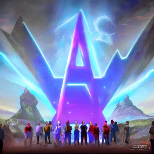 Image similar to zeta cohort gathering in a virtual realm around a huge zeta monument, radiant light, concept art, epic zeta symbol statue, by craig malismo