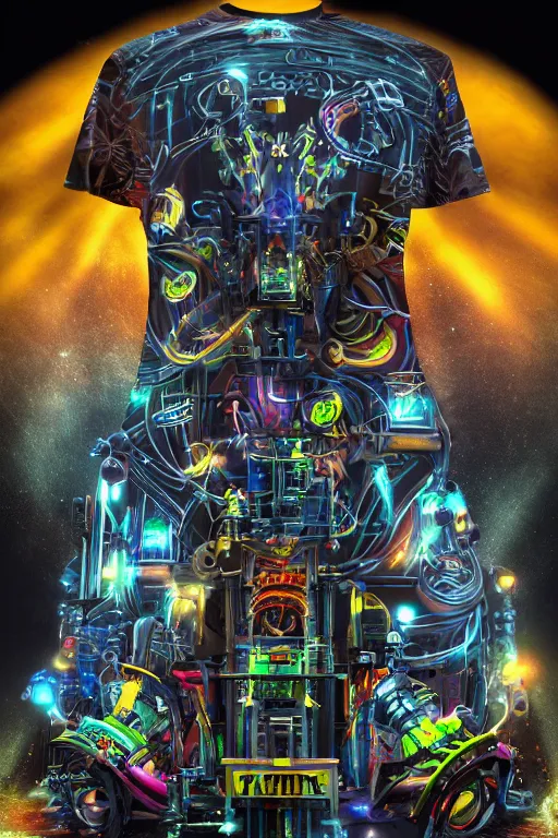 Prompt: a band shirt, printed tshirt with bandname is tripmachine, tourname is invasion of the tripmachines, realistic digital art, 3 d render of a huge futuristic steampunk generator, 8 k, fluorescent colors, halluzinogenic, multicolored, exaggerated detailed, unreal engine