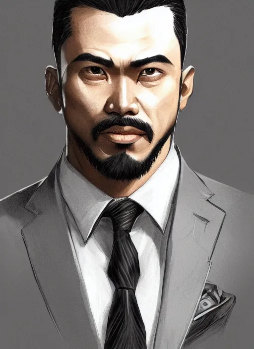 Image similar to a highly detailed illustration of serious short black haired filipino man with goatee wearing suit, dramatic reading book pose, muscular, intricate, elegant, highly detailed, centered, digital painting, artstation, concept art, smooth, sharp focus, league of legends concept art, WLOP