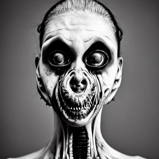 Image similar to artistic photoshoot of a mothan hybrid, grotesque, body horror, mutant shaming, creepy, terrifying, 8 k hdr 8 0 mm wide angle portrait, high contrast black and white, insectoid n