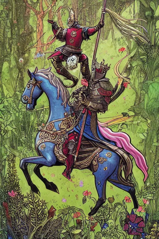 Prompt: medieval knight riding a horse in a magic kingdom overgrown by moss and plants, shiny armor, enchanted forest with flying faires, wizards and magic mushrooms in the background, illustrated by james jean, very detailed and colorful, comicbook cover