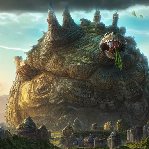 Image similar to large fantasy castle rising from the top of a giant tortoise that is towering over a harsh barren wasteland, centered in frame, howls moving castle, mortal engines, kaiju, distance - shot, fantasy, hyper detailed, 4 k