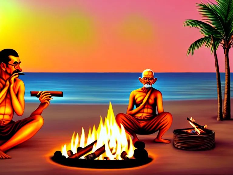 Image similar to gandhi sitting on a beach next to a campfire, holding a cigar, sunset, parrots, flamingos, coconuts, palm trees, highly detailed, digital art, hyper realistic, beautiful, 8 k, trending on deviantart, hyper detailed, glorious lighting, epic environment,