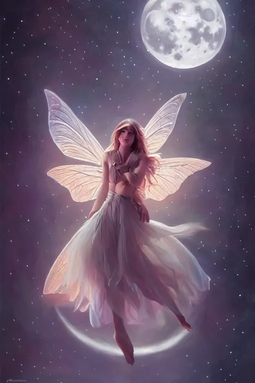 Prompt: attractive fairy magically floating high in the night, fantasy, full moon in background. highly detailed painting by artgerm, mid shot, 8 k