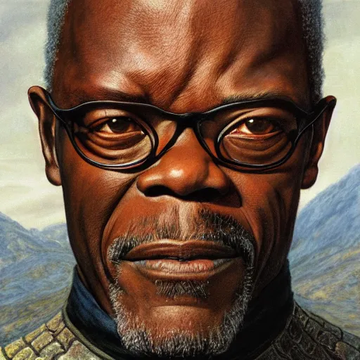 Prompt: portrait of samuel jackson, by alan lee, lord of the rings calendar, smooth, detailed terrain, oil painting, matte painting, concept art, trending on artstation