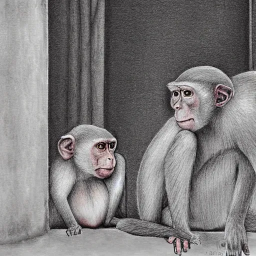 Image similar to two macaques looking at each other inside ancient medieval house, digital art, soft shadows, creepy art, drawn by shadman