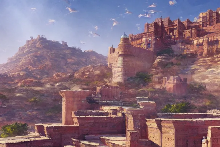 Image similar to painting of Mehrangarh Fort, art by artgerm and greg rutkowski and magali villeneuve