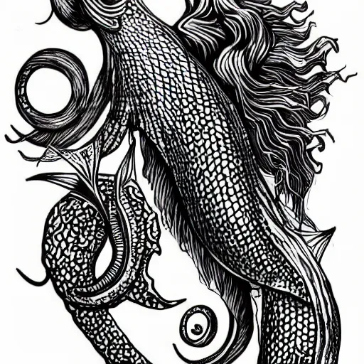 Image similar to a squid and a seahorse. black ink on paper tattoo design. realistic