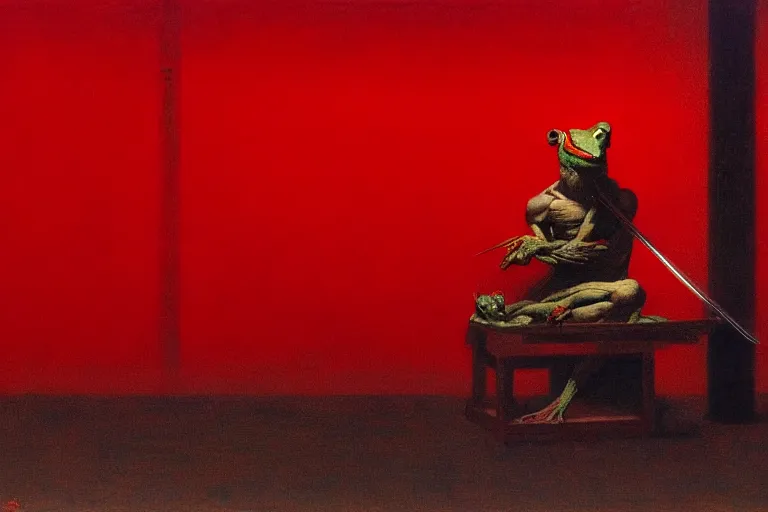 Image similar to only with red, a red samurai do seppuku, tokio, a lot of frogs watch, in the style of beksinski, parts by edward hopper, parts by rodcenko, parts by yue minjun, intricate and epic composition, red by caravaggio, insanely quality, highly detailed, masterpiece, red light, artstation, 4 k