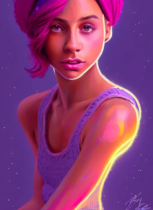 Image similar to portrait of teenage vanessa morgan with bright pink hair, vanessa morgan, curly pixie cut hair, wearing a purple breton cap, breton cap, hoop earrings, intricate, elegant, glowing lights, highly detailed, digital painting, artstation, concept art, smooth, sharp focus, illustration, art by wlop, mars ravelo and greg rutkowski